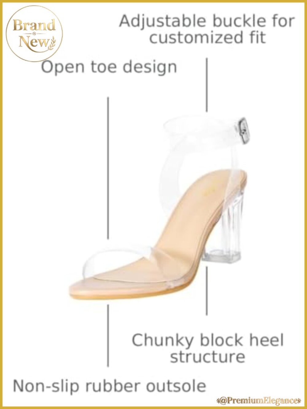 Chunky Block Heel Sandals Adjustable Clear Strappy Heels 2.75 Inch - Picture 2 of 6